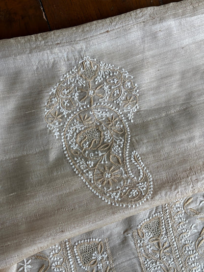 Natural Beige Tussar Silk All Over Front Chikankari Men’s Kurta Fabric