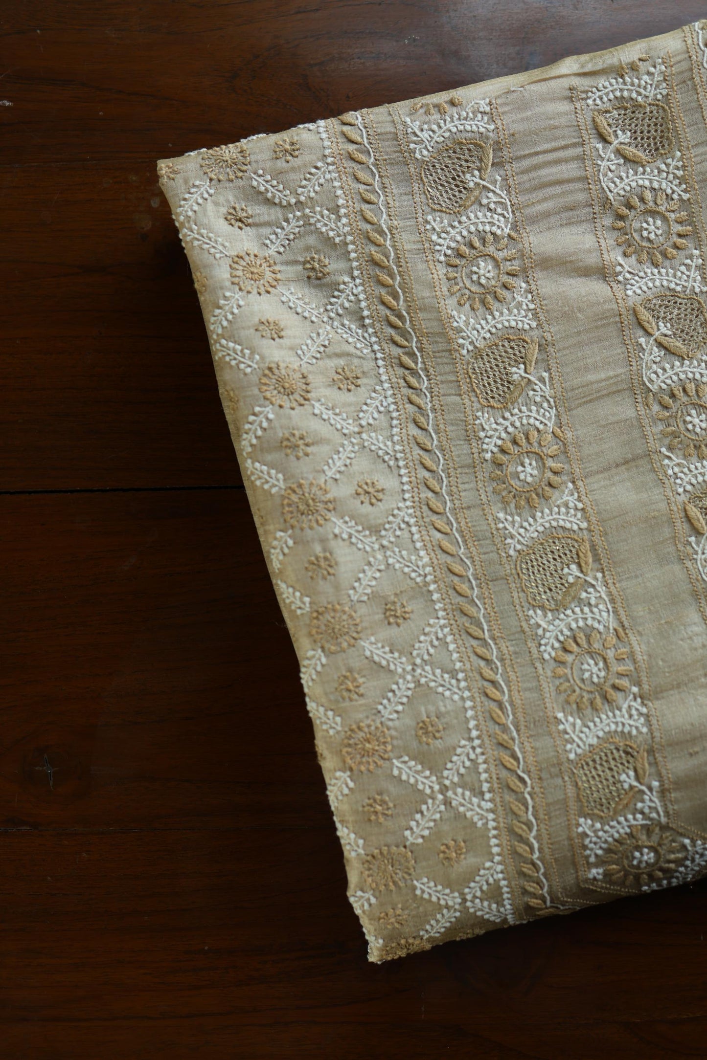 Natural Beige Tussar Silk All Over Front Chikankari Men’s Kurta Fabric