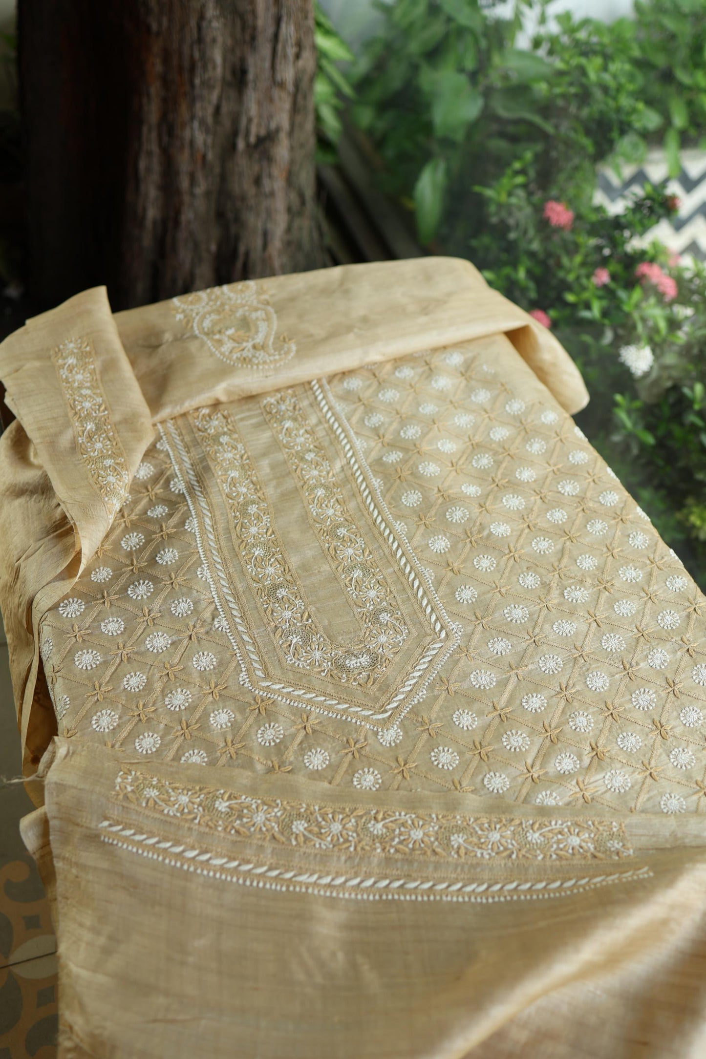 Natural Beige Tussar Silk All Over Front Chikankari Men’s Kurta Fabric