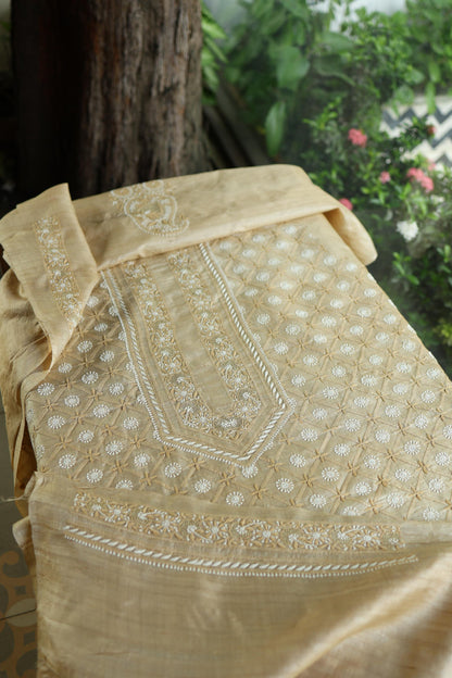 Natural Beige Tussar Silk All Over Front Chikankari Men’s Kurta Fabric