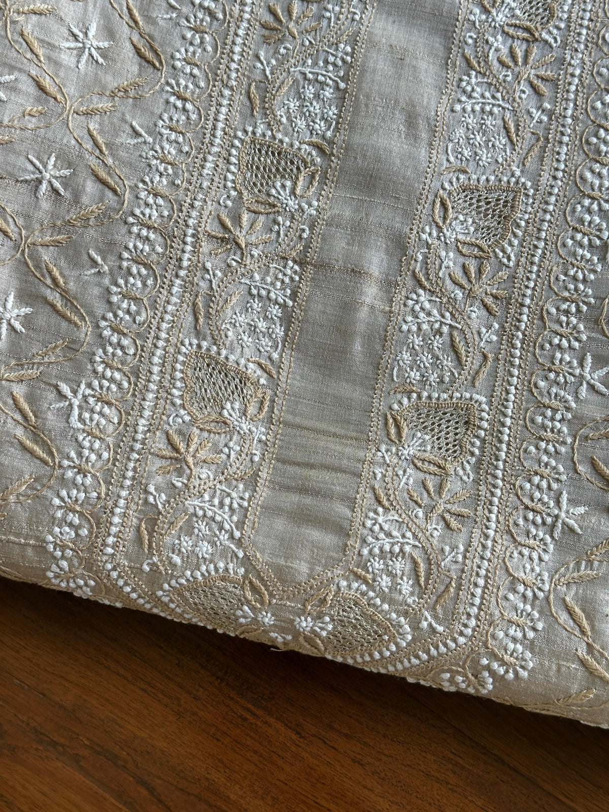 Natural Beige Tussar Silk All Over Front Chikankari Men’s Kurta Fabric