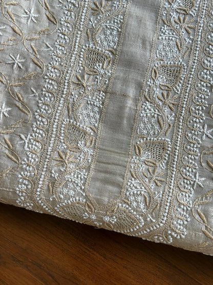 Natural Beige Tussar Silk All Over Front Chikankari Men’s Kurta Fabric