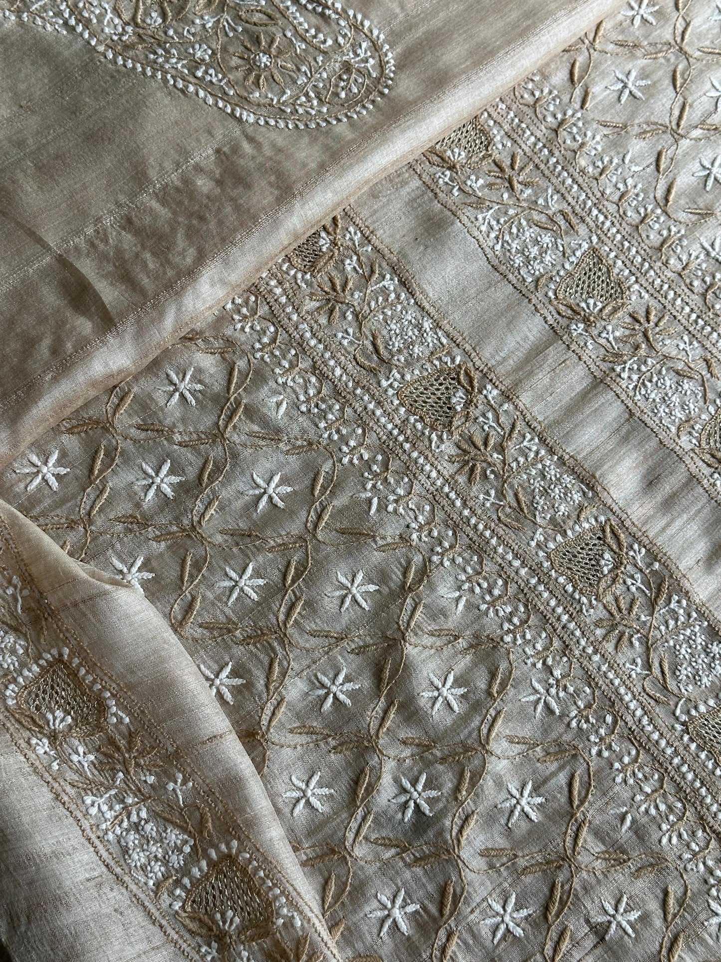 Natural Beige Tussar Silk All Over Front Chikankari Men’s Kurta Fabric