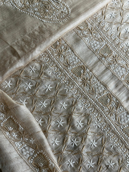 Natural Beige Tussar Silk All Over Front Chikankari Men’s Kurta Fabric