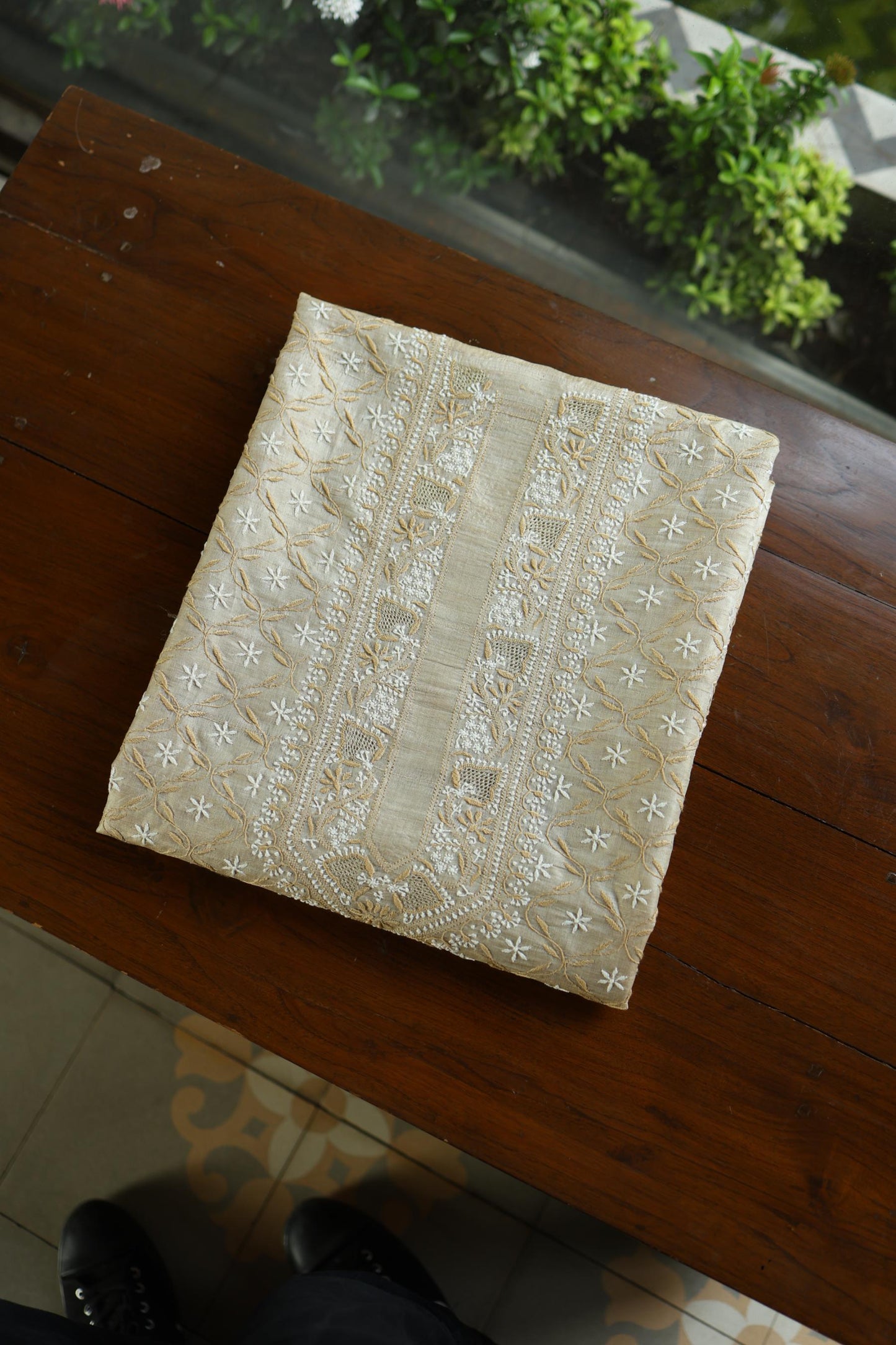 Natural Beige Tussar Silk All Over Front Chikankari Men’s Kurta Fabric