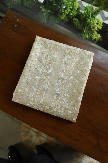 Natural Beige Tussar Silk All Over Front Chikankari Men’s Kurta Fabric