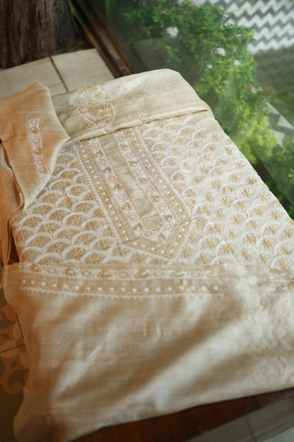 Natural Beige Tussar Silk All Over Front Chikankari Men’s Kurta Fabric