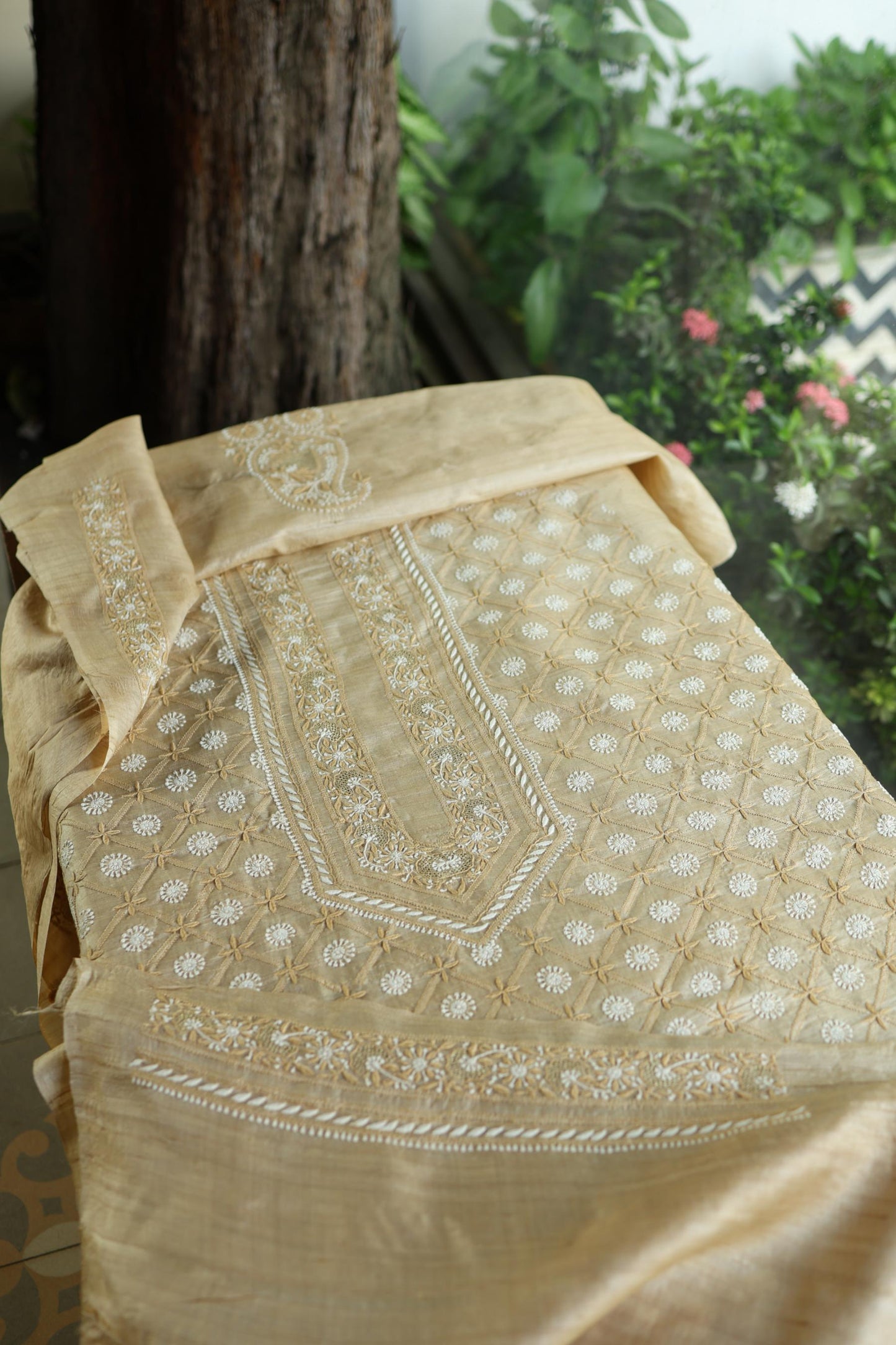 Natural Beige Tussar Silk All Over Front Chikankari Men’s Kurta Fabric