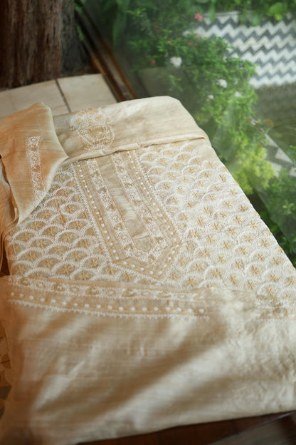 Natural Beige Tussar Silk All Over Front Chikankari Men’s Kurta Fabric