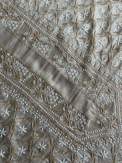 Natural Beige Tussar Silk All Over Front Chikankari Men’s Kurta Fabric