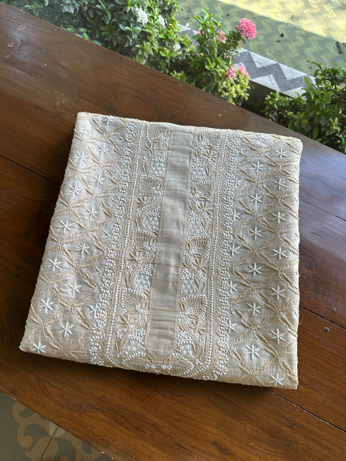 Natural Beige Tussar Silk All Over Front Chikankari Men’s Kurta Fabric