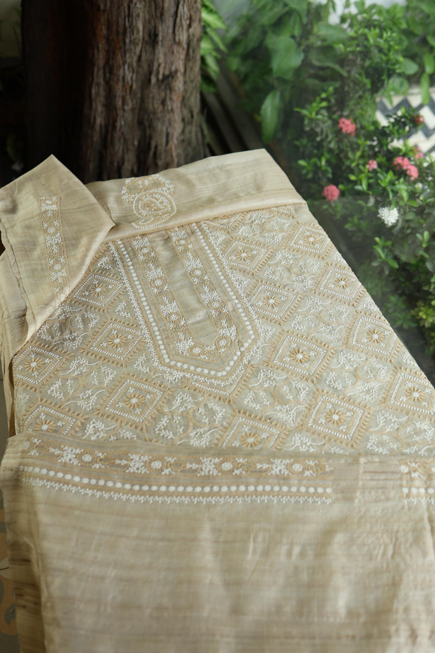 Natural Beige Tussar Silk All Over Front Chikankari Men’s Kurta Fabric