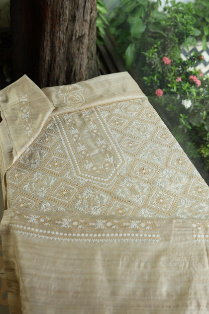 Natural Beige Tussar Silk All Over Front Chikankari Men’s Kurta Fabric