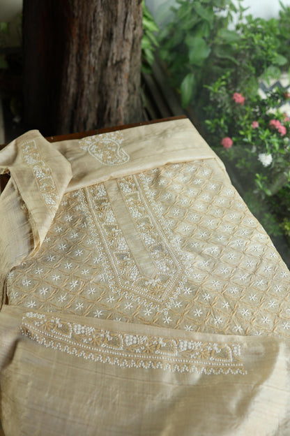 Natural Beige Tussar Silk All Over Front Chikankari Men’s Kurta Fabric