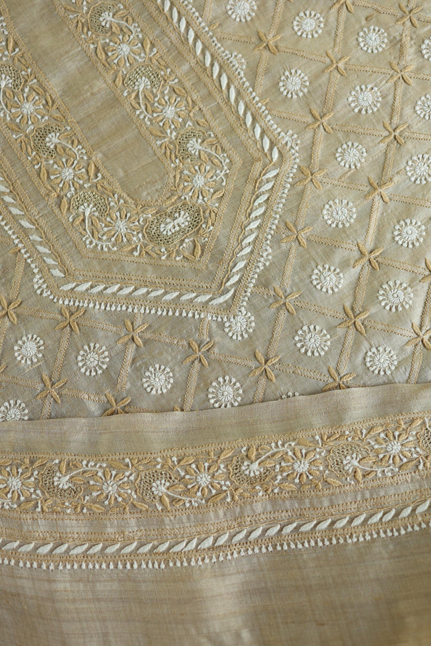 Natural Beige Tussar Silk All Over Front Chikankari Men’s Kurta Fabric