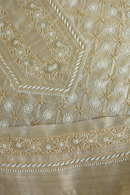 Natural Beige Tussar Silk All Over Front Chikankari Men’s Kurta Fabric