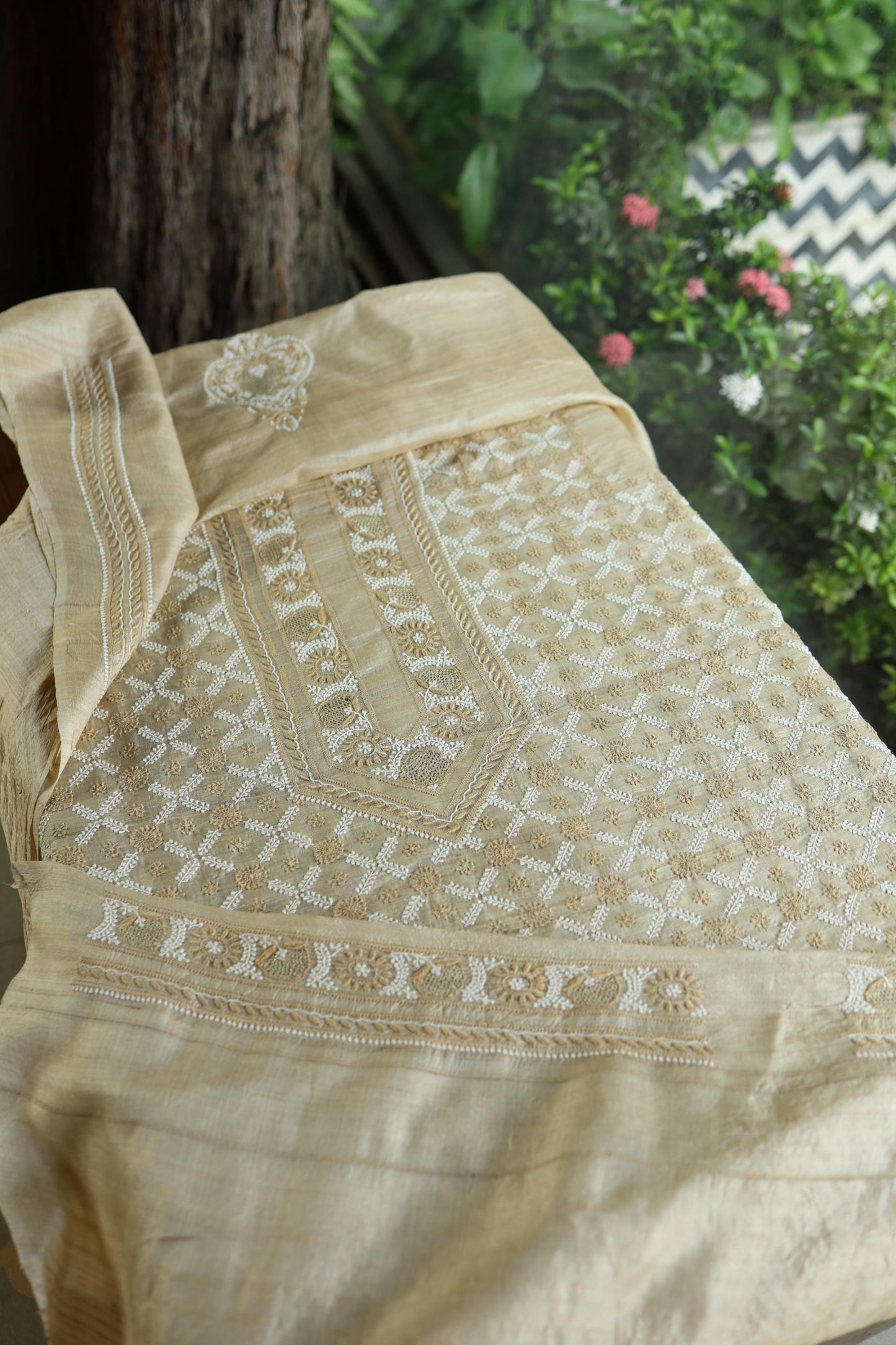 Natural Beige Tussar Silk All Over Front Chikankari Men’s Kurta Fabric