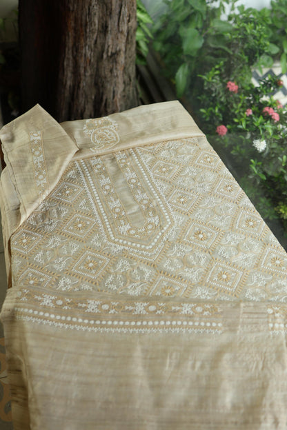 Natural Beige Tussar Silk All Over Front Chikankari Men’s Kurta Fabric