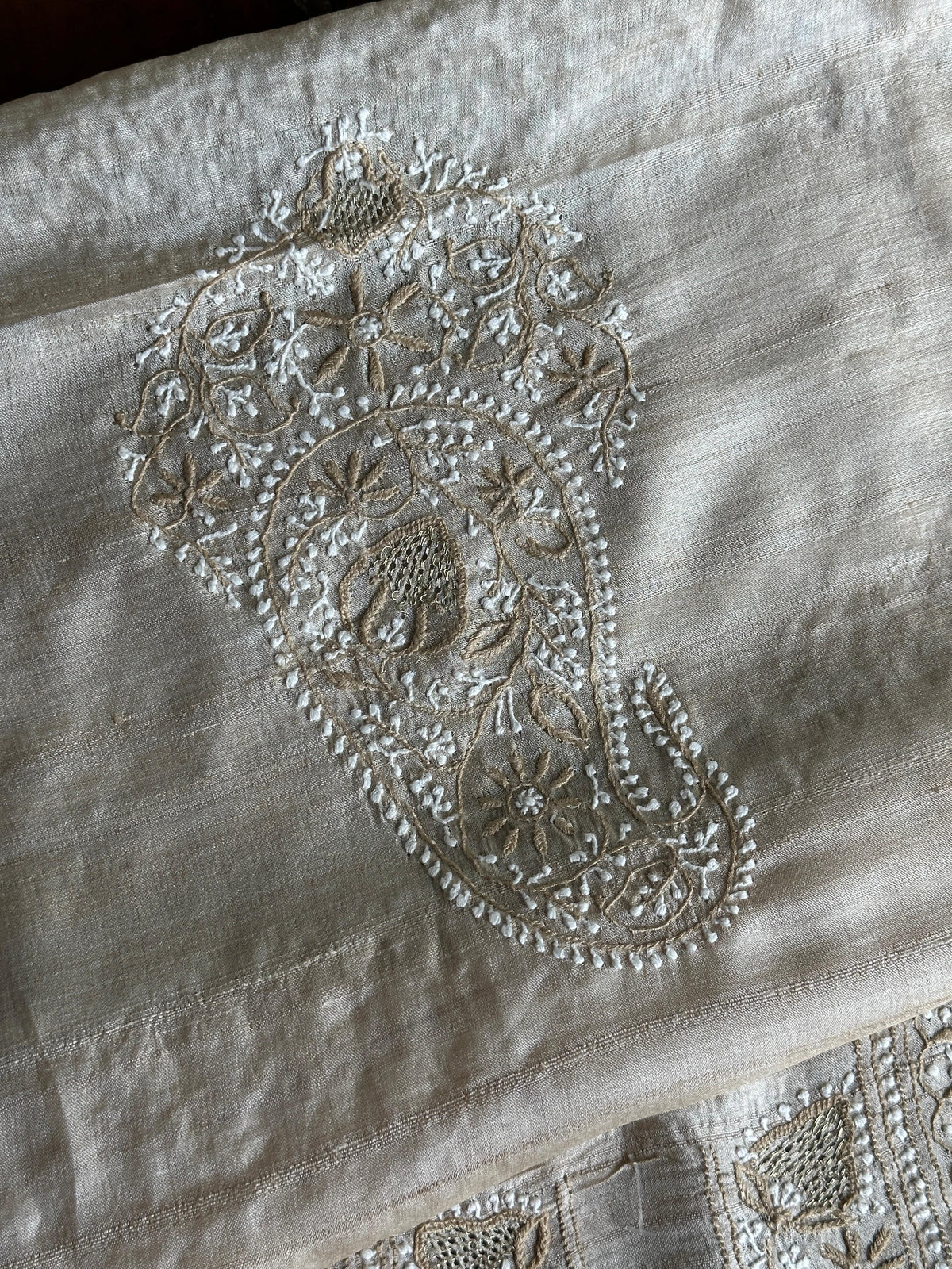 Natural Beige Tussar Silk All Over Front Chikankari Men’s Kurta Fabric