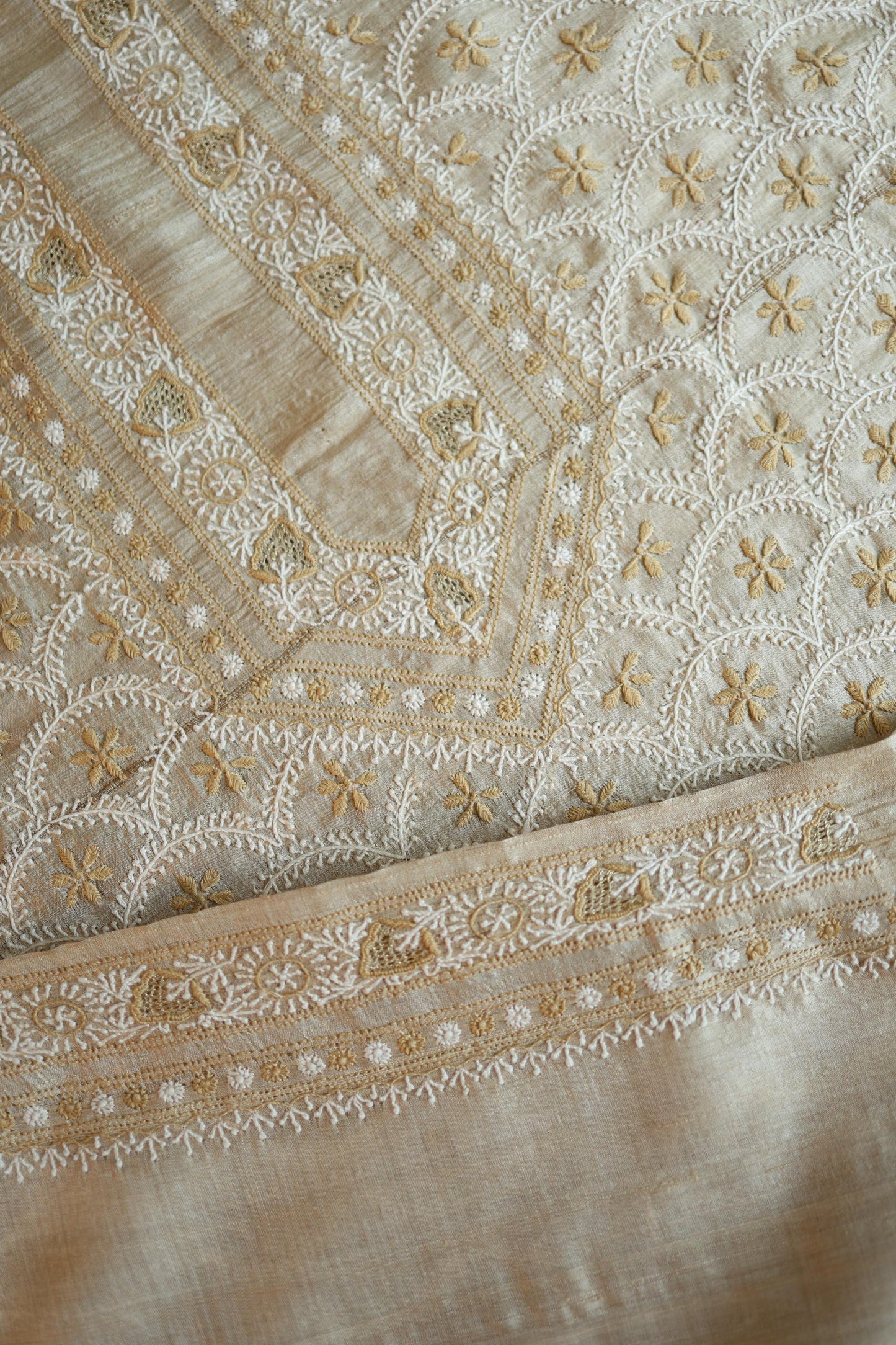 Natural Beige Tussar Silk All Over Front Chikankari Men’s Kurta Fabric