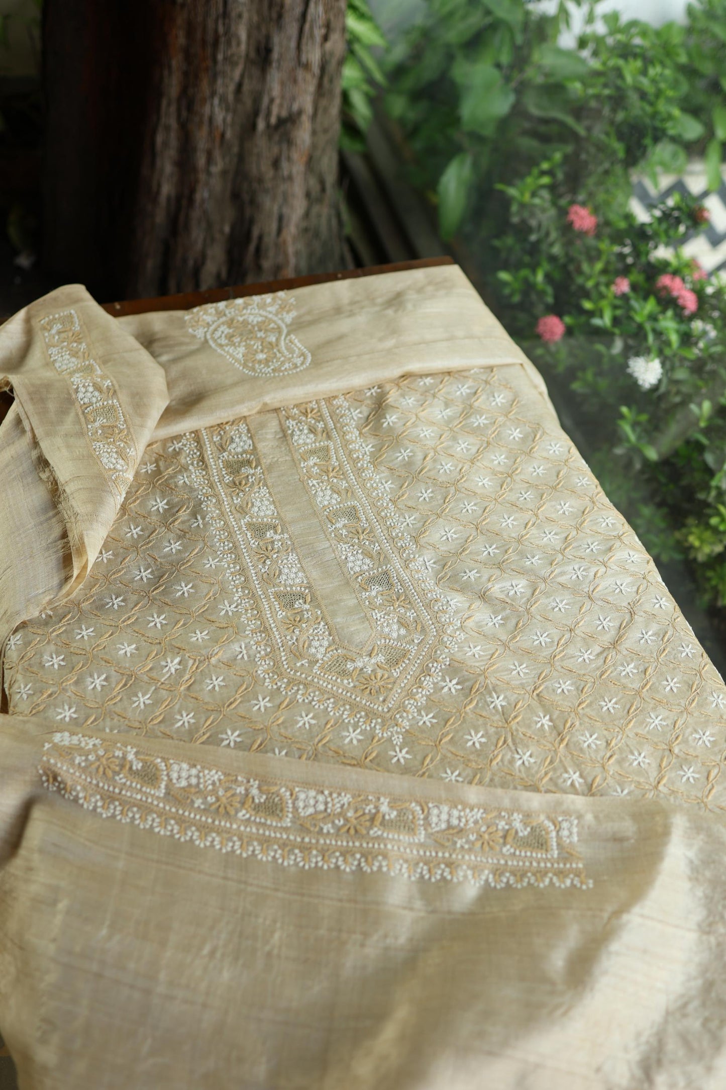 Natural Beige Tussar Silk All Over Front Chikankari Men’s Kurta Fabric