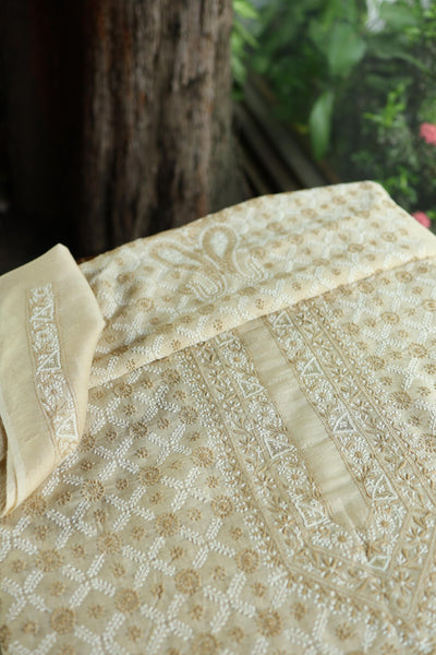 Natural Beige Tussar Silk All Over Jaal Chikankari Men’s Kurta Fabric