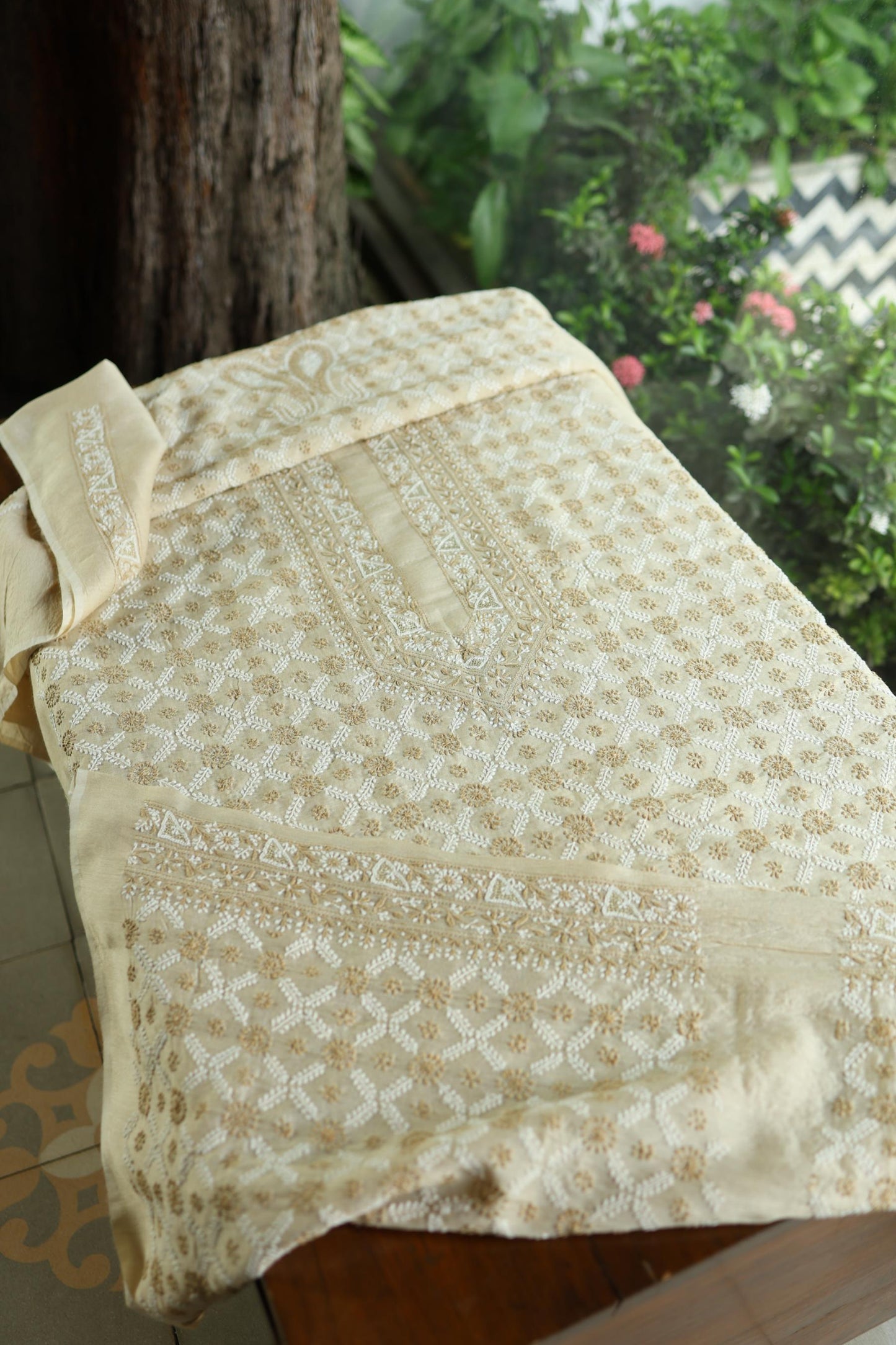 Natural Beige Tussar Silk All Over Jaal Chikankari Men’s Kurta Fabric