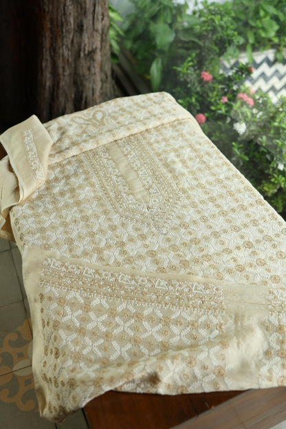 Natural Beige Tussar Silk All Over Jaal Chikankari Men’s Kurta Fabric