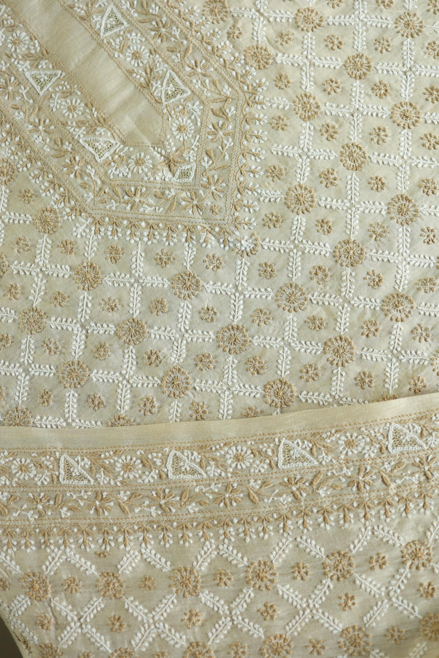 Natural Beige Tussar Silk All Over Jaal Chikankari Men’s Kurta Fabric