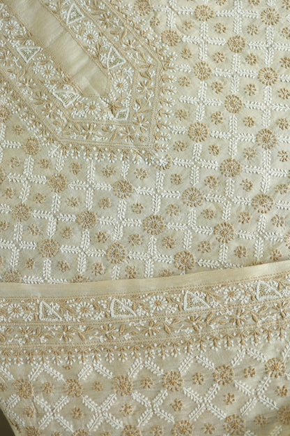 Natural Beige Tussar Silk All Over Jaal Chikankari Men’s Kurta Fabric