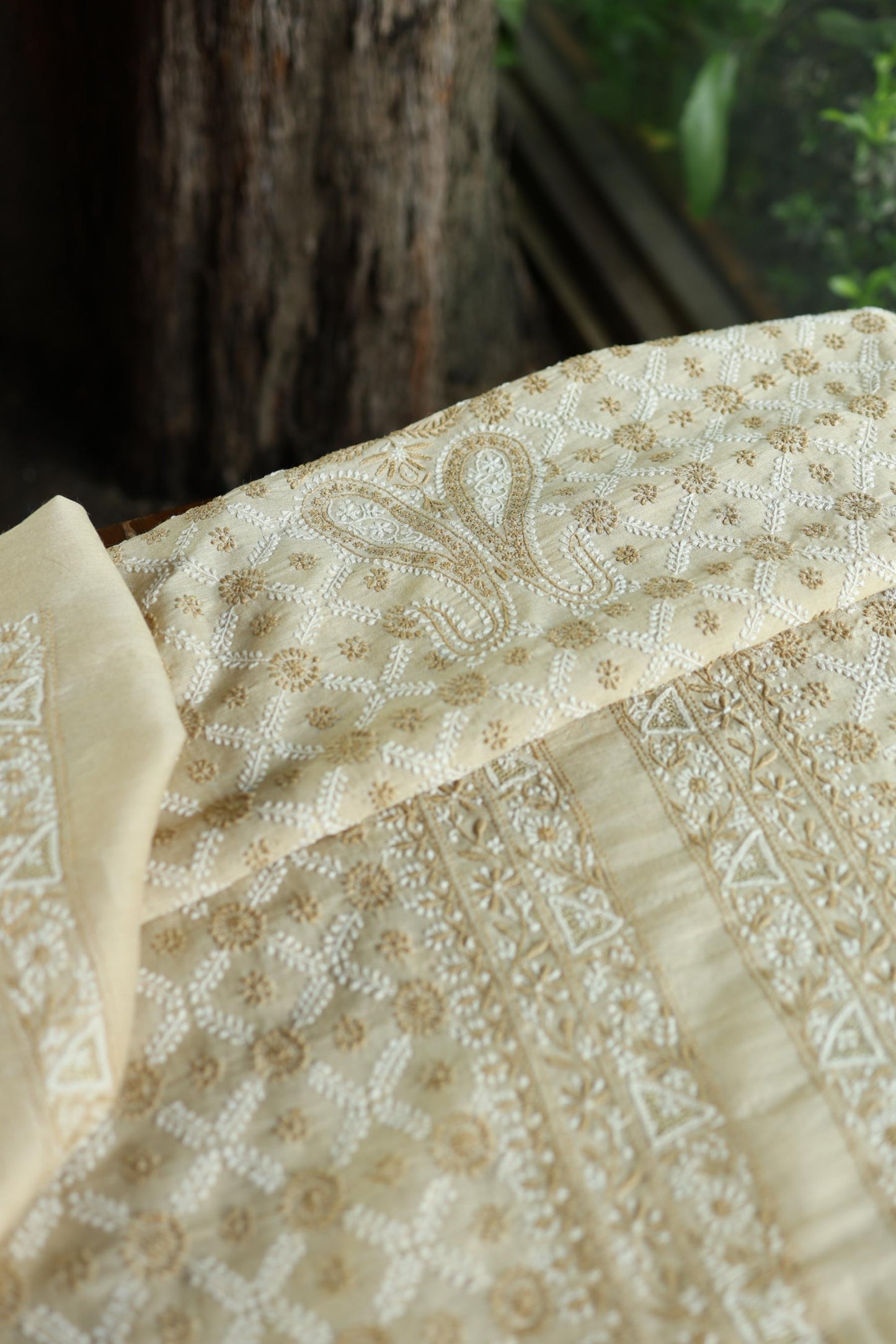 Natural Beige Tussar Silk All Over Jaal Chikankari Men’s Kurta Fabric