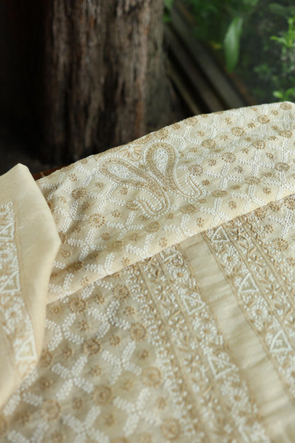 Natural Beige Tussar Silk All Over Jaal Chikankari Men’s Kurta Fabric