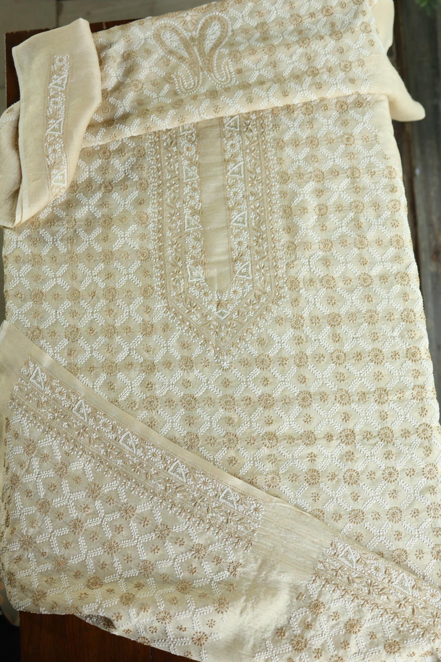 Natural Beige Tussar Silk All Over Jaal Chikankari Men’s Kurta Fabric