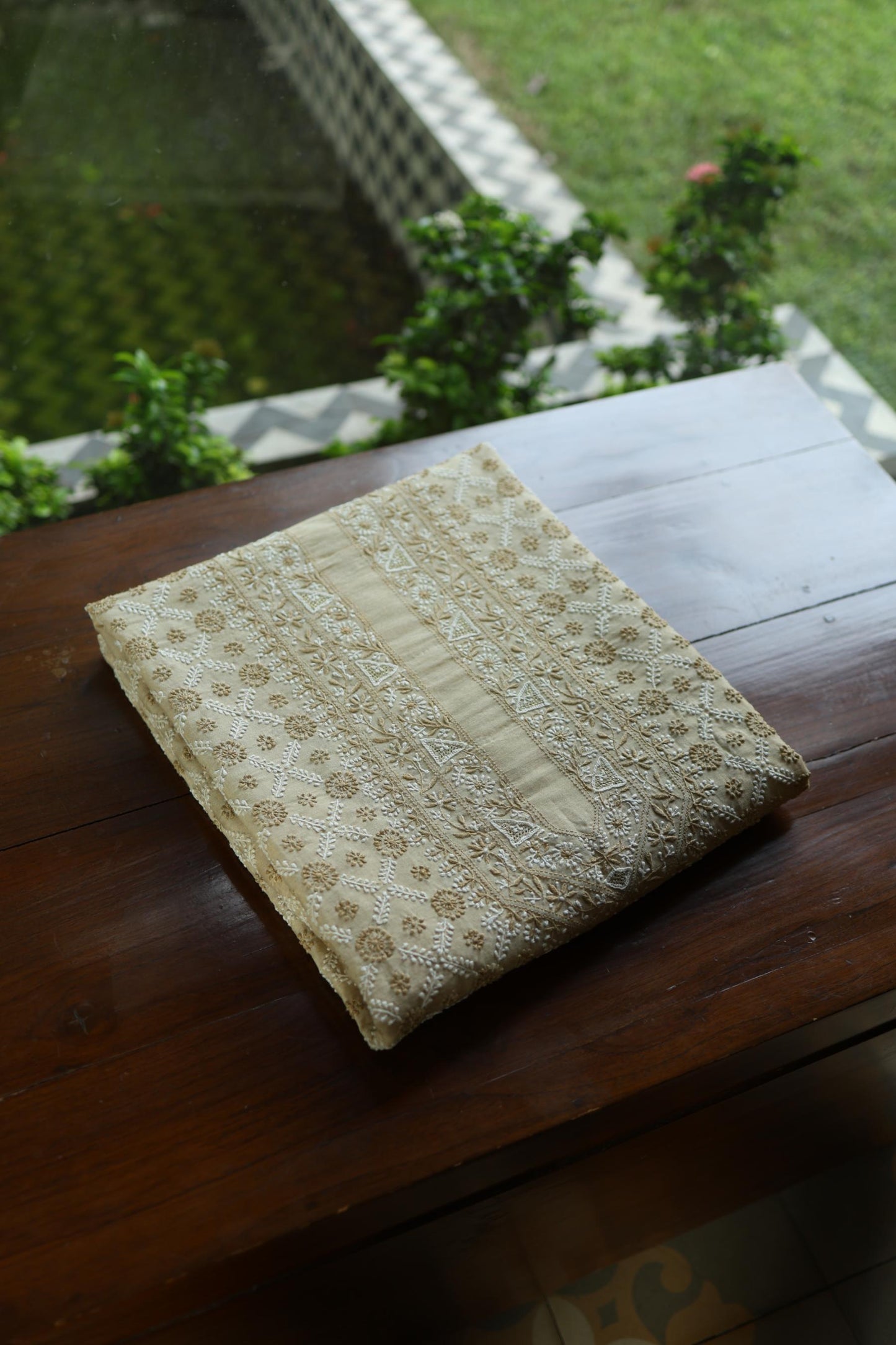 Natural Beige Tussar Silk All Over Jaal Chikankari Men’s Kurta Fabric