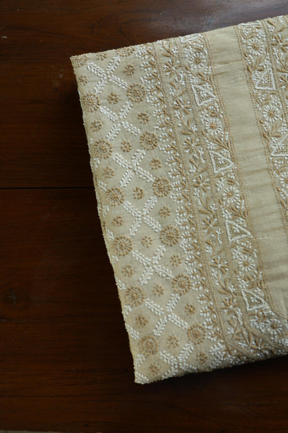 Natural Beige Tussar Silk All Over Jaal Chikankari Men’s Kurta Fabric