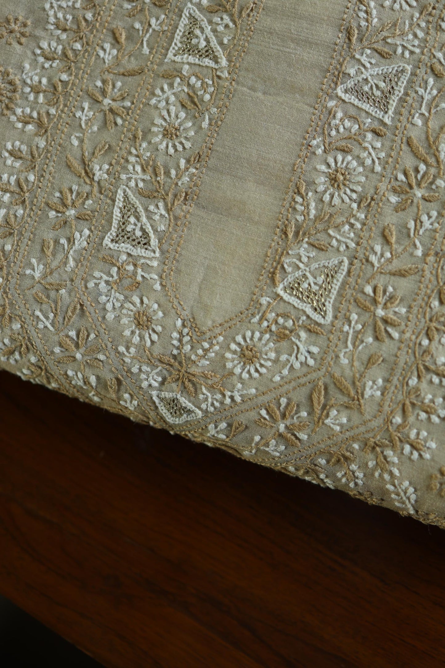 Natural Beige Tussar Silk All Over Jaal Chikankari Men’s Kurta Fabric