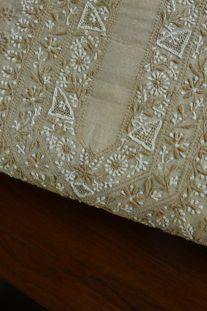 Natural Beige Tussar Silk All Over Jaal Chikankari Men’s Kurta Fabric