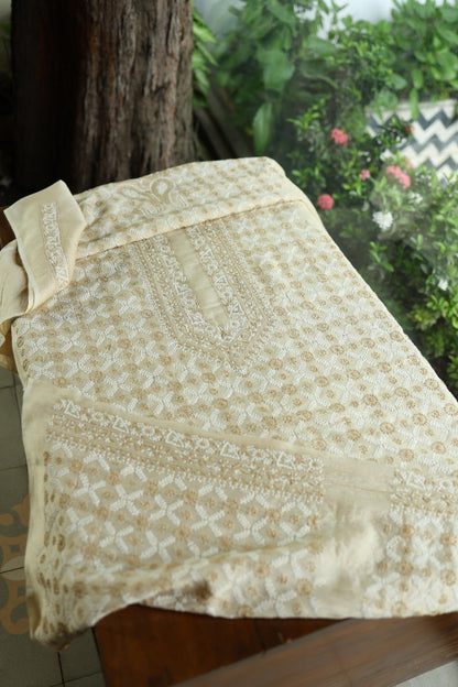 Natural Beige Tussar Silk All Over Jaal Chikankari Men’s Kurta Fabric