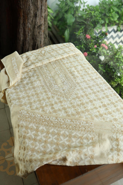 Natural Beige Tussar Silk All Over Jaal Chikankari Men’s Kurta Fabric