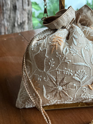 Natural Beige Tussar Silk Chikankari Ari & Kasab Work Potli Bag
