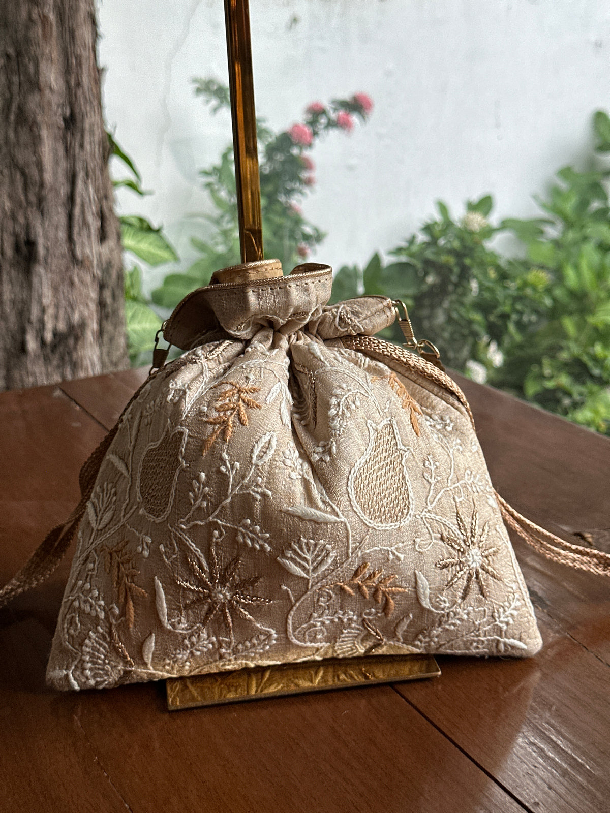 Natural Beige Tussar Silk Chikankari Ari & Kasab Work Potli Bag