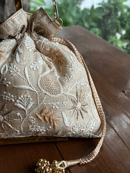 Natural Beige Tussar Silk Chikankari Ari & Kasab Work Potli Bag