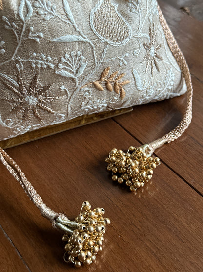 Natural Beige Tussar Silk Chikankari Ari & Kasab Work Potli Bag