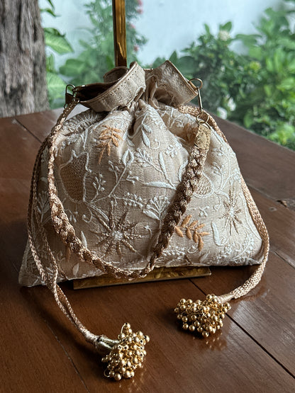 Natural Beige Tussar Silk Chikankari Ari & Kasab Work Potli Bag