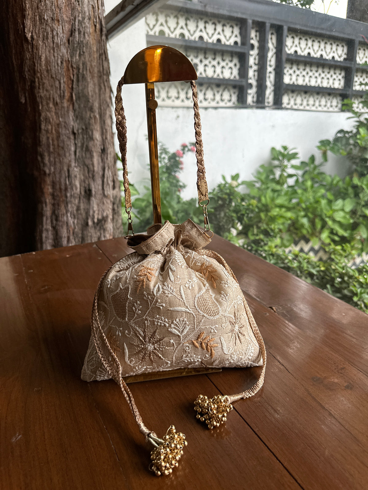 Natural Beige Tussar Silk Chikankari Ari & Kasab Work Potli Bag