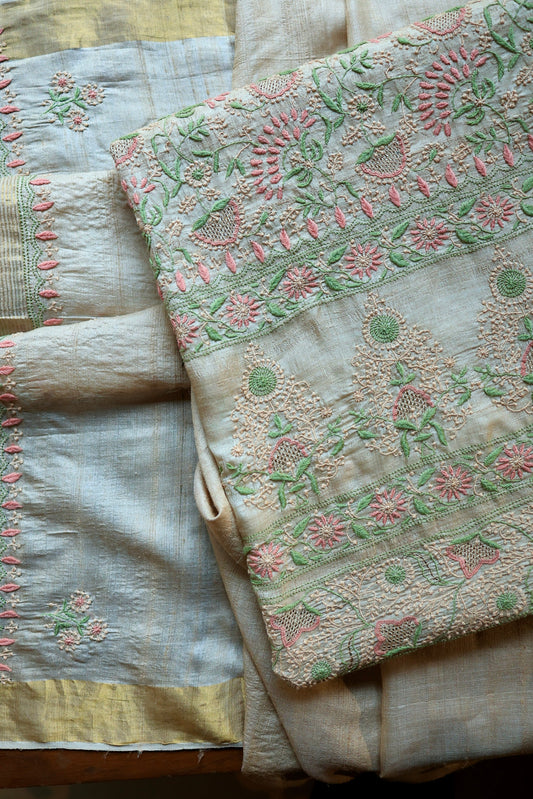 Natural Beige Tussar Silk Chikankari Fabric With Mukaish Kamdani