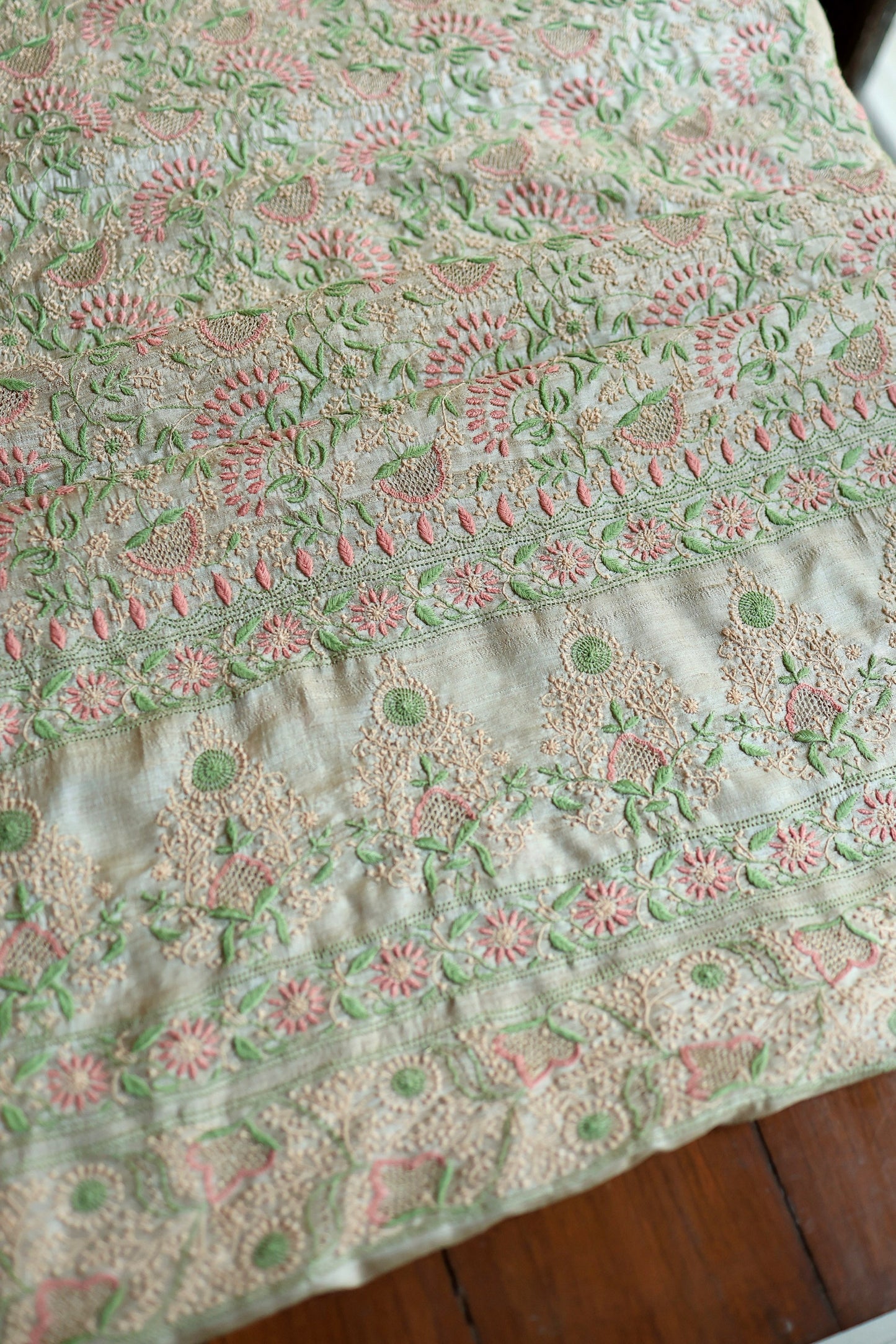 Natural Beige Tussar Silk Chikankari Fabric With Mukaish Kamdani