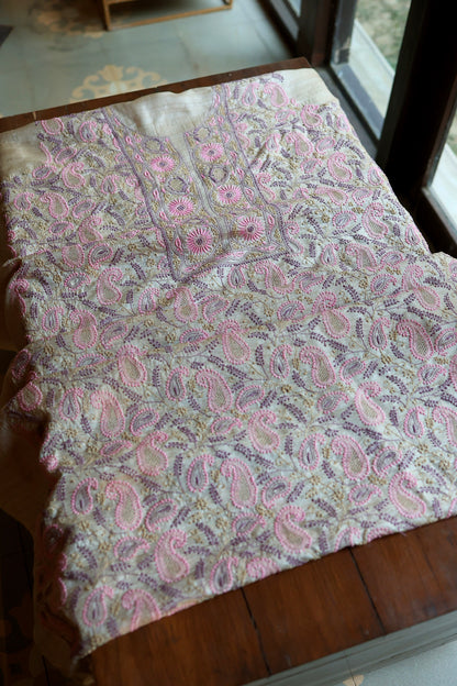 Natural Beige Tussar Silk Chikankari Fabric With Mukaish Kamdani