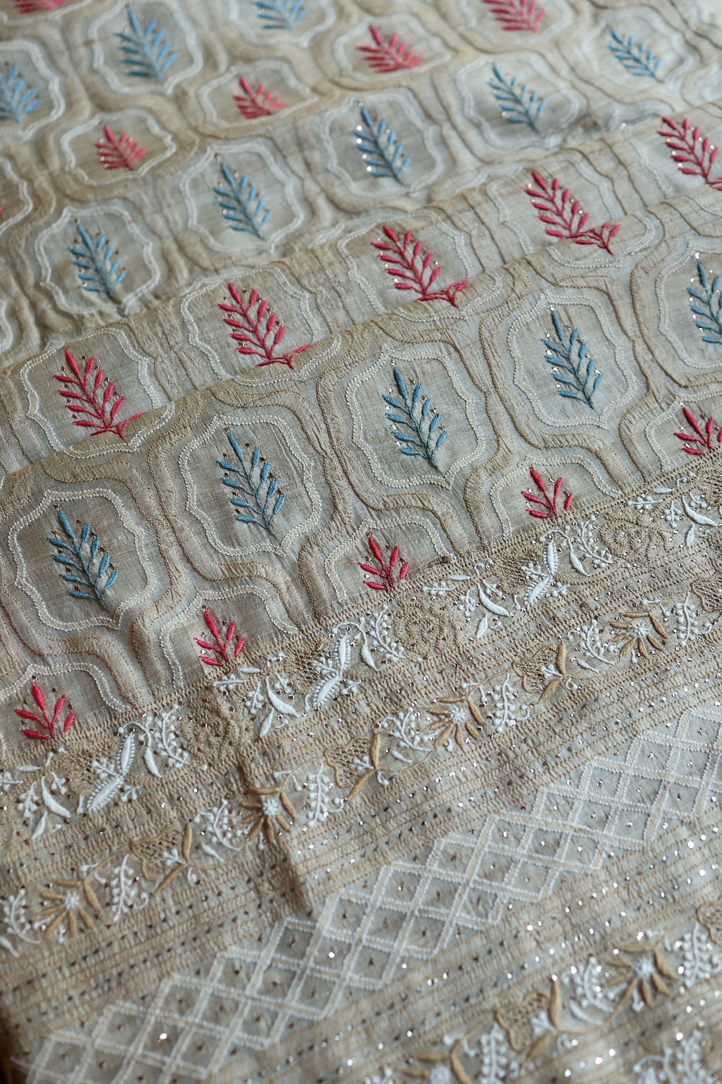 Red & Blue Natural Beige Tussar Silk Chikankari Fabric With Mukaish Kamdani