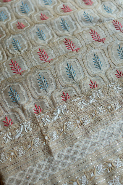 Red & Blue Natural Beige Tussar Silk Chikankari Fabric With Mukaish Kamdani